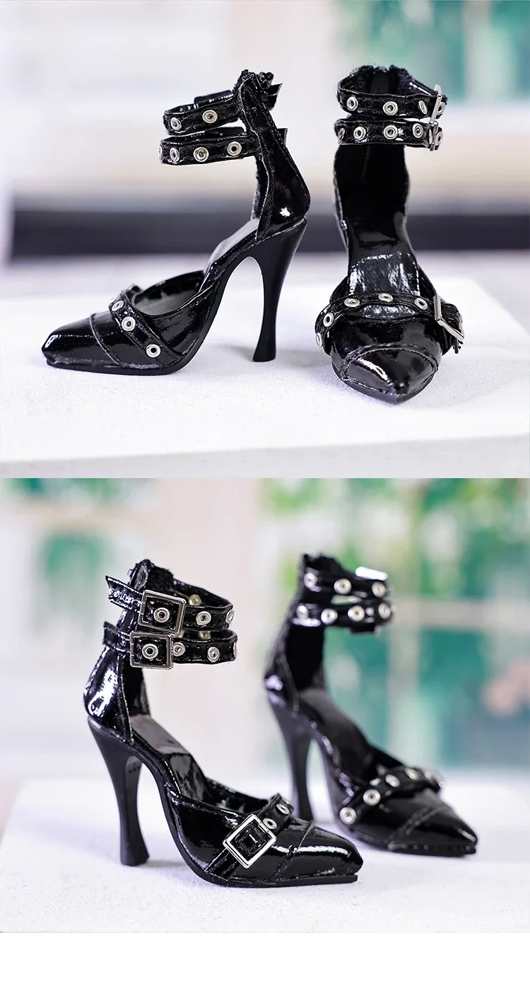 أحذية جلدية مصنوعة يدويًا ، أحذية لعبة بكعب عالٍ مدببة سوداء ، شتوية سوداء ، أحذية MSD ، BJD ، أطفال ، 1 زوج