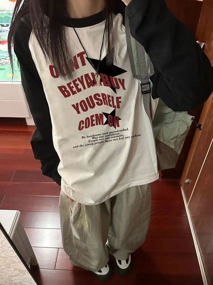 

American Vintage Contrast Color Raglan Sleeve Long Sleeved T-shirt for Women Autumn New Cotton Loose Oversized T Shirt Y2k Top