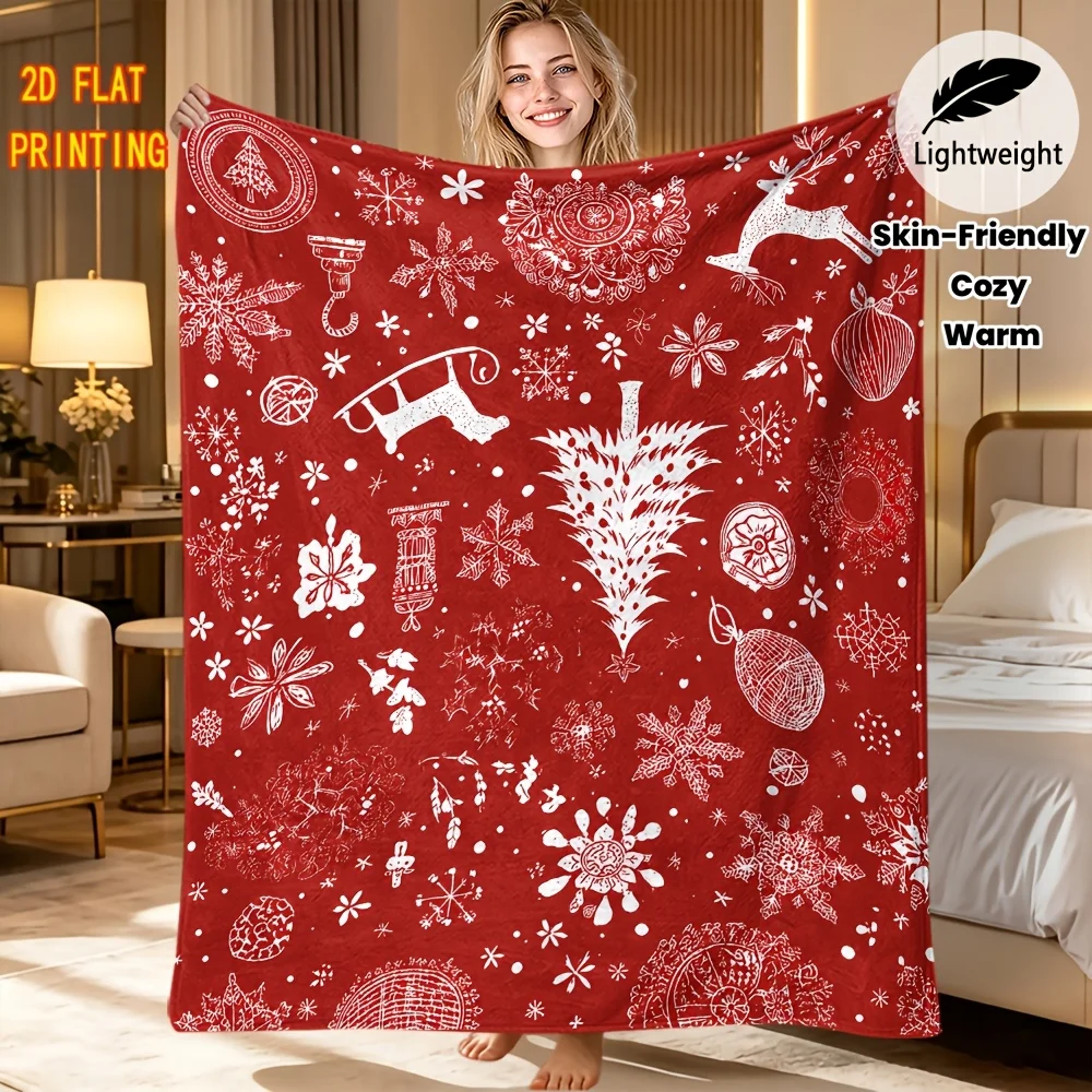 Winter Xmas Throw Blanket Red White Reindeer Snowflake Doodle Print Soft Flannel for Kids Room Sofa Lap Holiday Theme Decor Gift