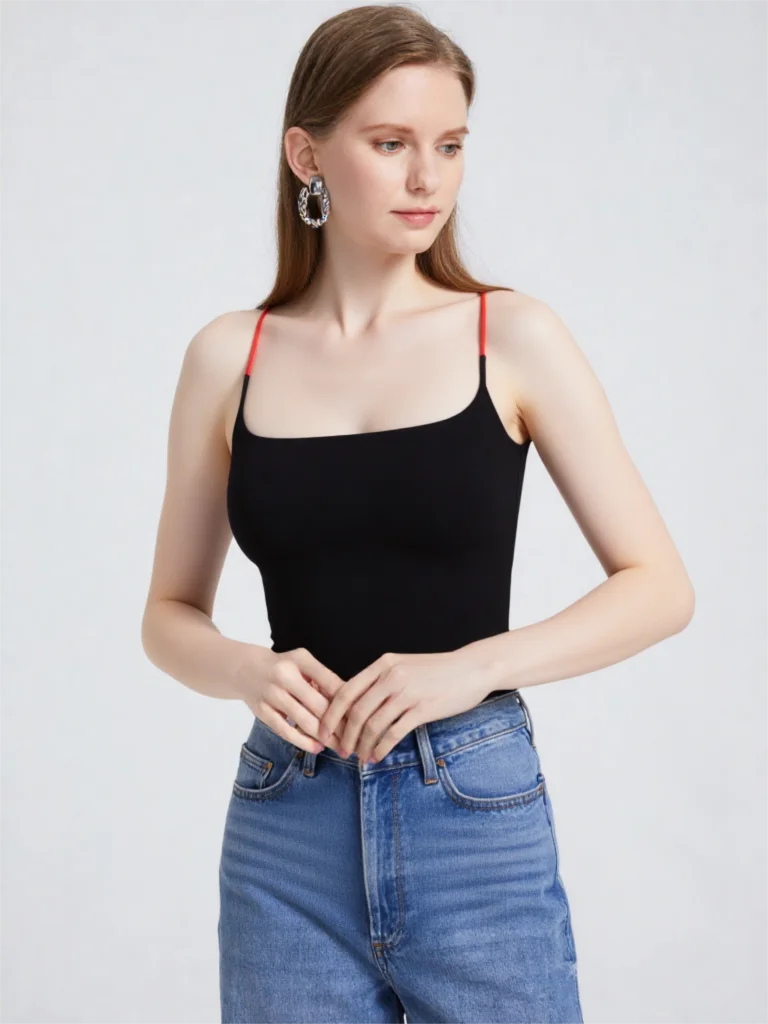 2026 Summer Color Block Square Neck Cami Women Built-in Bra Crop Tank Top Black Slim Y2K