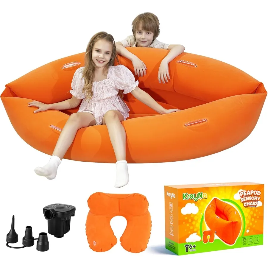 

Надувное сенсорное кресло Peapod Canoe 60 для аутистики СДВГ оранжевого цвета с подушкой для шеи, электрический воздушный насос