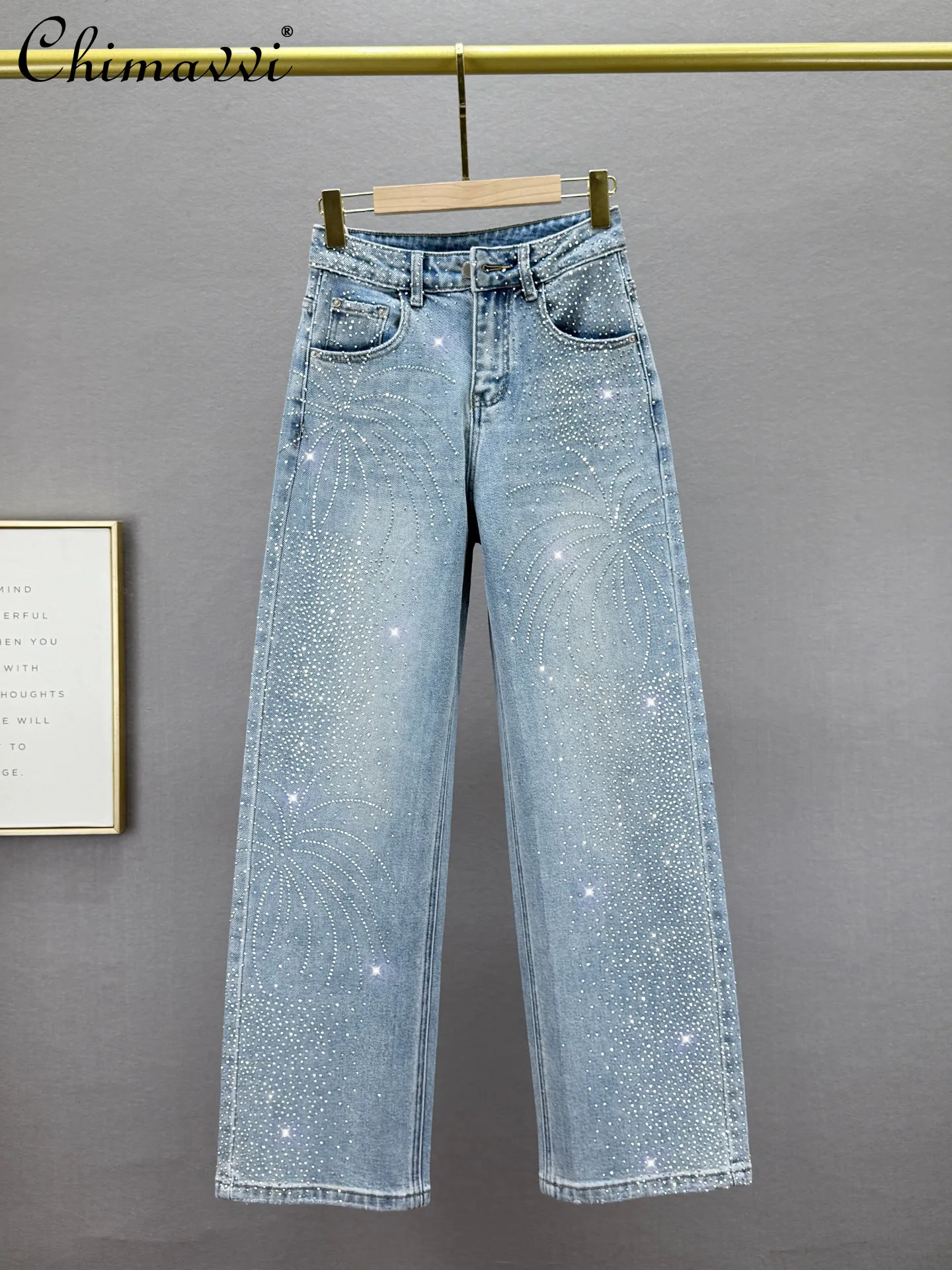 

Heavy Rhinestone Jeans Women Spring and Autumn New Fashion High-waisted Loose Slim Streetwear European Style Straight-leg Pants