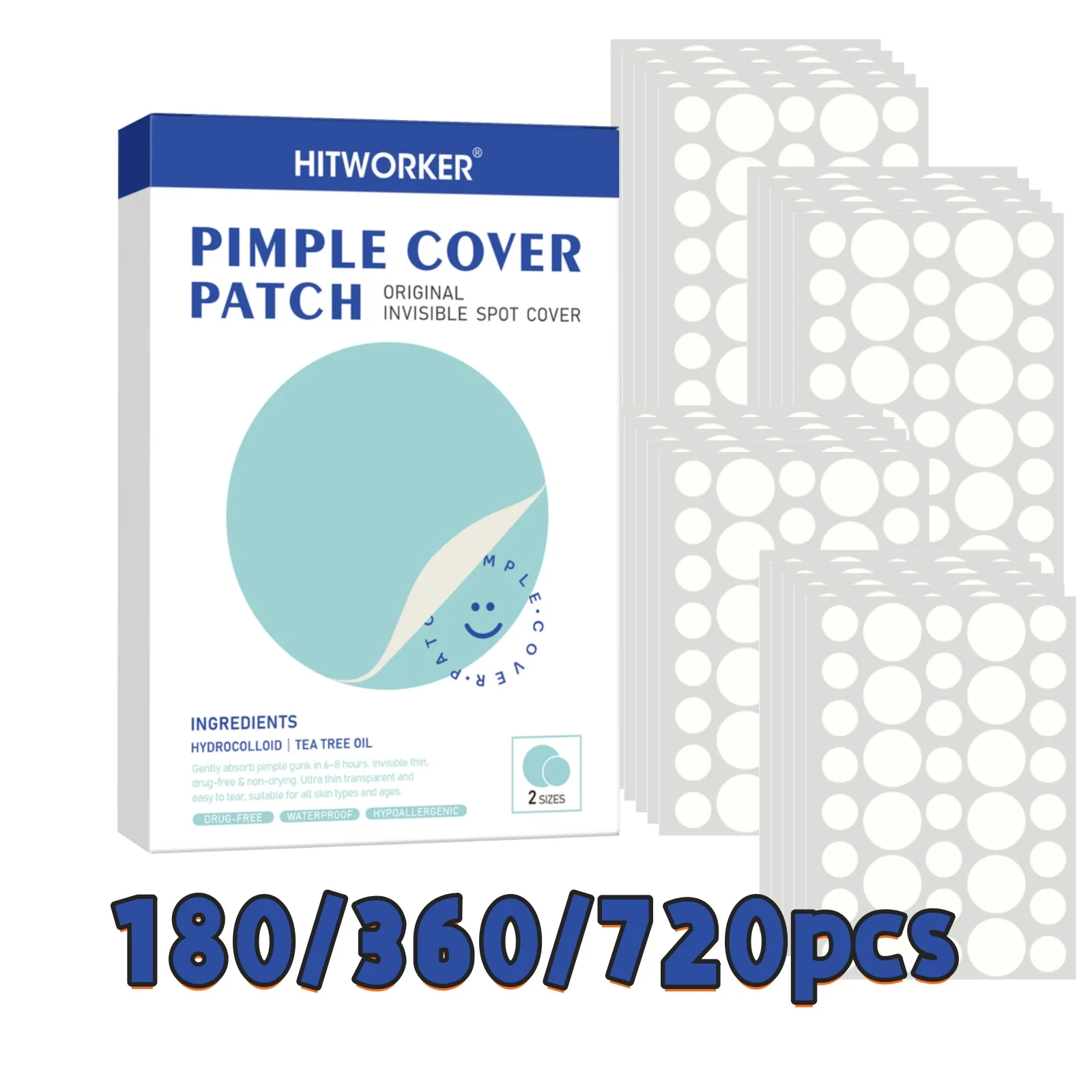 Parches Hidrocoloides para Granos con Aceite de Árbol de Té, 180/360/720 Unidades, Tratamiento Efectivo para el Acné, Invisibles para Rostro y Piel
