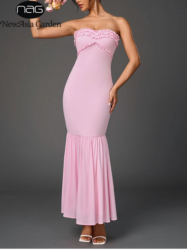 NewAsia 2025 Nuovo abito lungo senza spalline in chiffon tinta unita con finiture floreali increspato elegante abito da sera formale per la festa di nozze