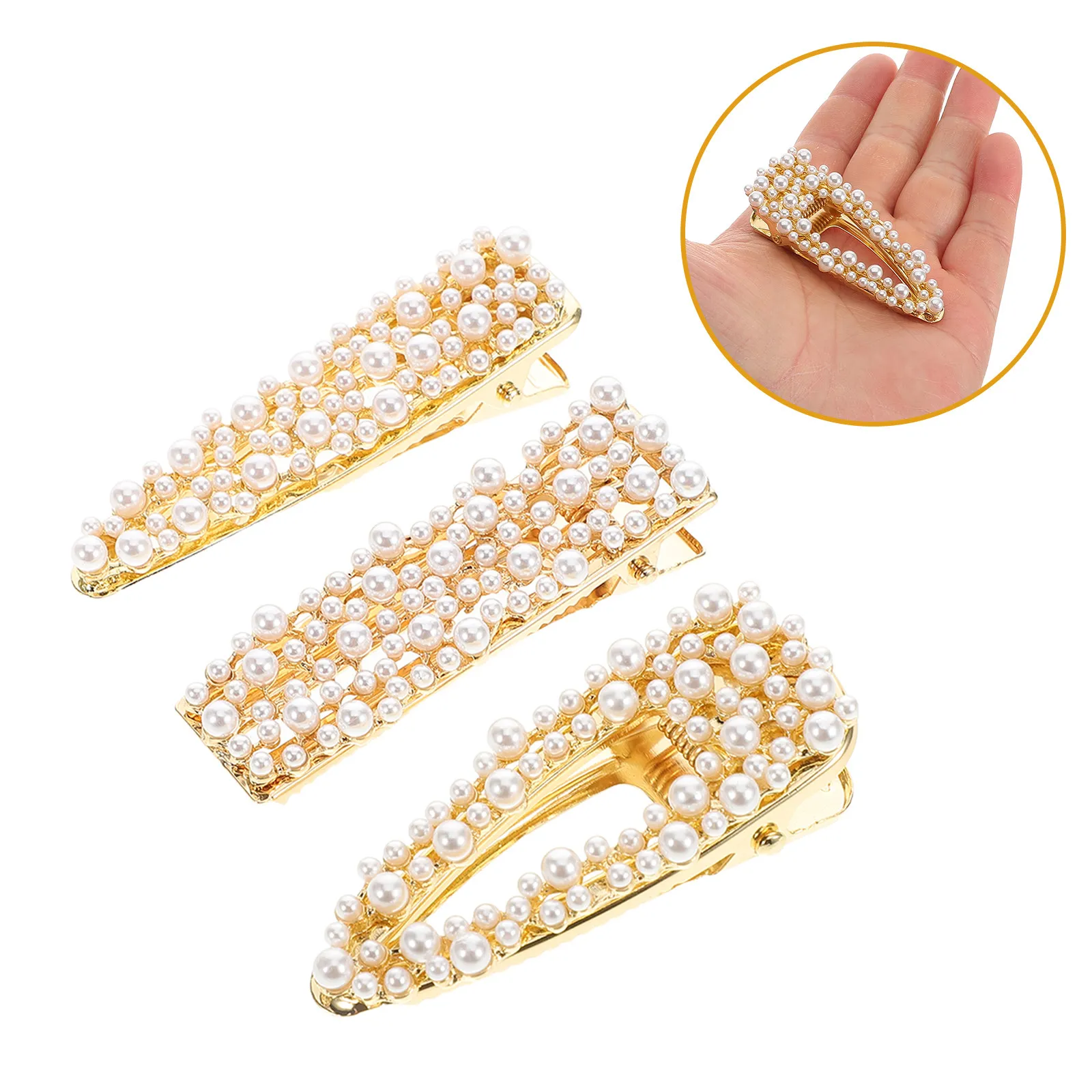 

3Pcs Pearl Duck Billed Clips Hollow Teardrop Rectangle Slim Design High Gloss Lightweight Secure Hold Fashion Hairpin Elegant