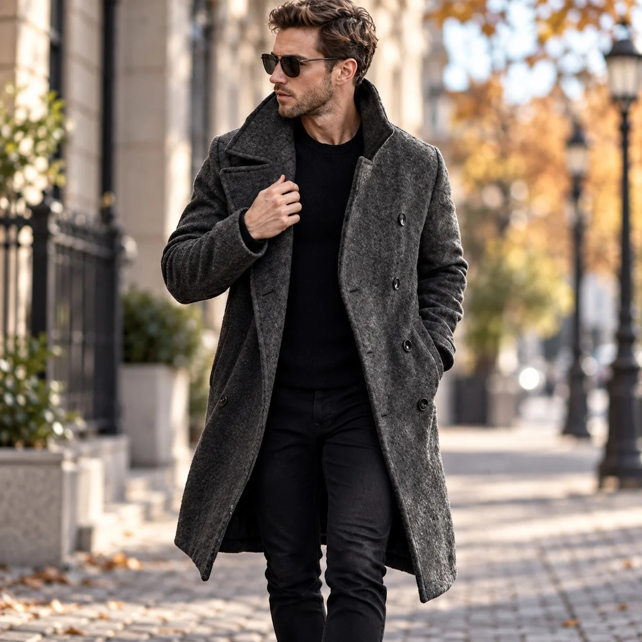 Double Breasted Belt No Belt Fitted European and American with Notched Lapel Multiple Pockets Thickened Daily Autumn Men Jacket