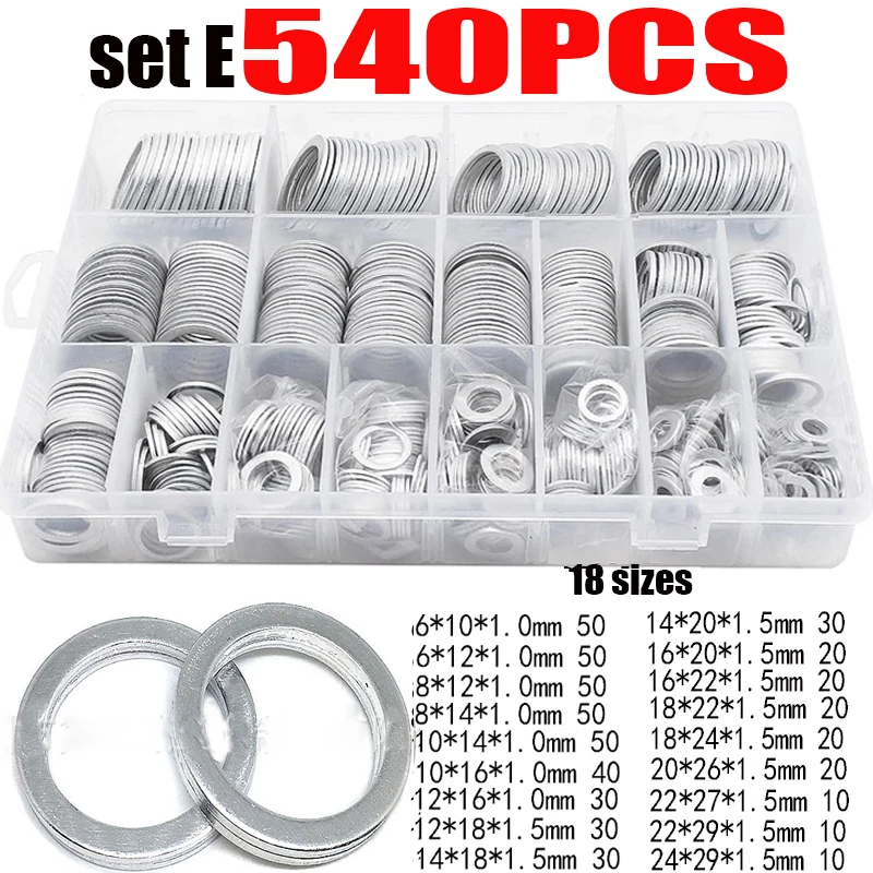 540/450/360/280/200pcs Washer Oil Drain Plug Gaskets Aluminum Flat Washer Combination KitM6 M8 M10 M12 M14 M16 M18 M20 M22 M24