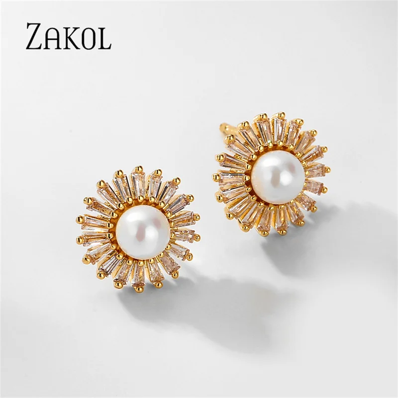 ZAKOL Elegant Imitation Pearl Stud Earrings for Women Wedding Engagement Jewelry Shiny CZ Flower Shape Timeless Female Earring