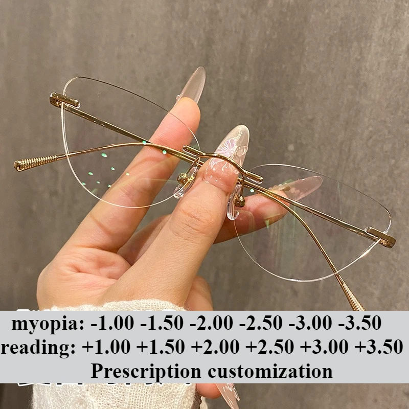 

56mm Ultra-light Pure Titanium Women Cat Eye Anti-blue Light Rimless Myopia Prescription Eyeglasses Customized Reading Glasses