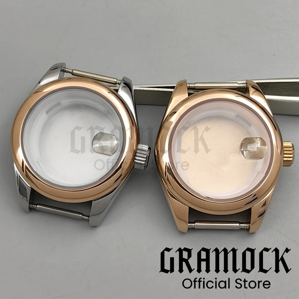 GRAMOCK 28mm Polished Round Stainless Steel Coated Gold Rose Watch Case For Ladies Waterproof Sapphire Fit NH05 NH06 Movement