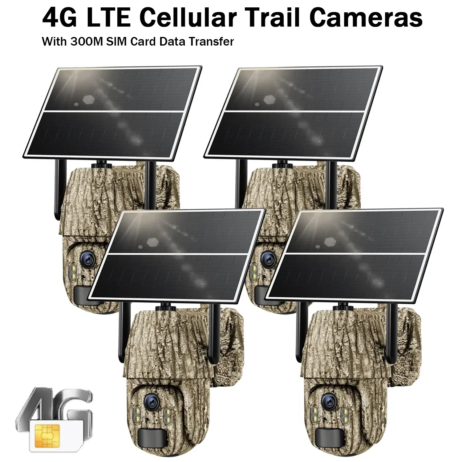 4G LTE Solar Trail Cameras 4/2pcs Outdoor Wireless - No WiFi Needed Security Cameras, 2.7K Color Night Vision, 360° Live View, PIR Motion Detection, 2-Way Talk, Built-in SIM Card