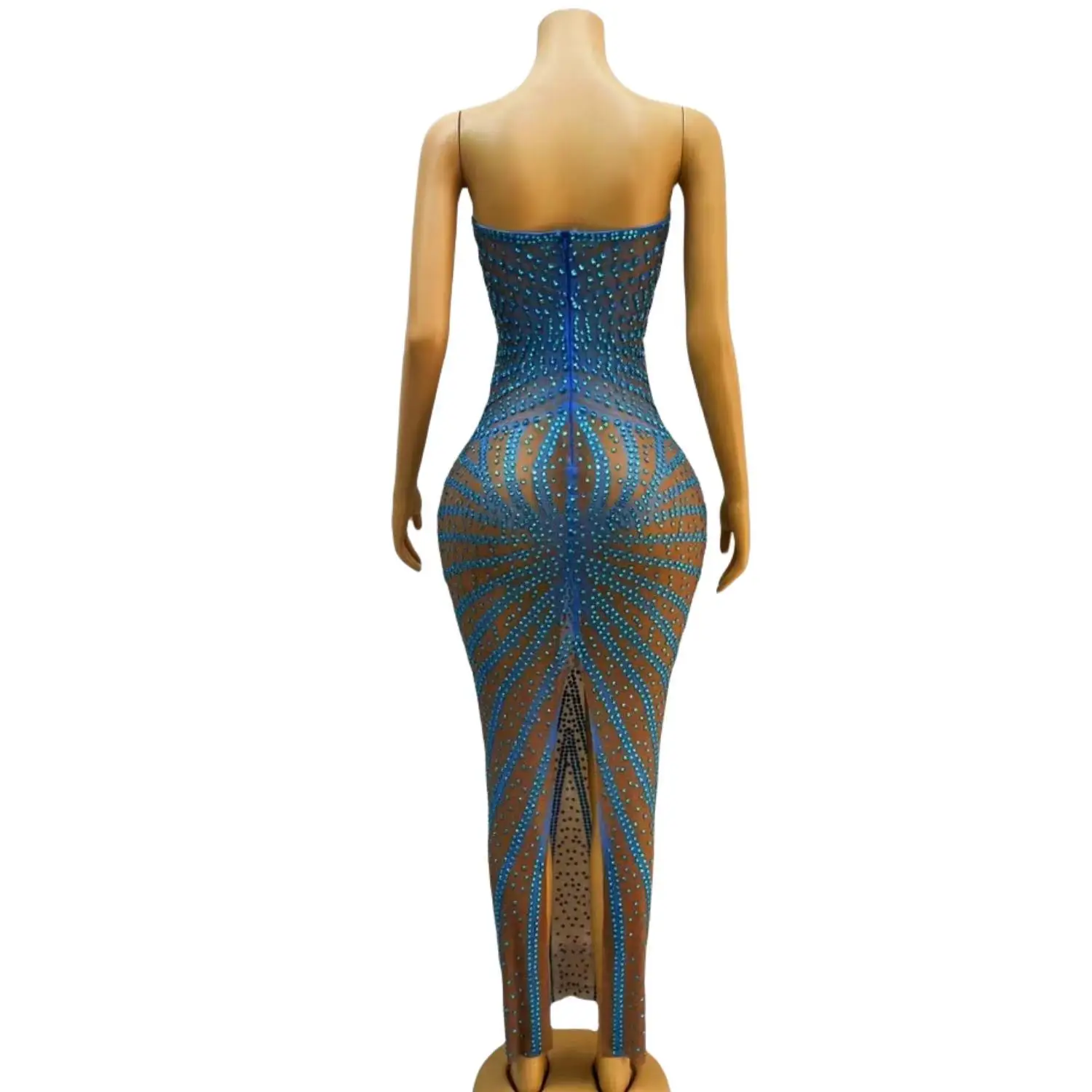 Shuixiu Sexy Strapless Evening Dress Sparkling Blue Full Diamond See Through Mesh Festival Party Dress Dance Performance Dress