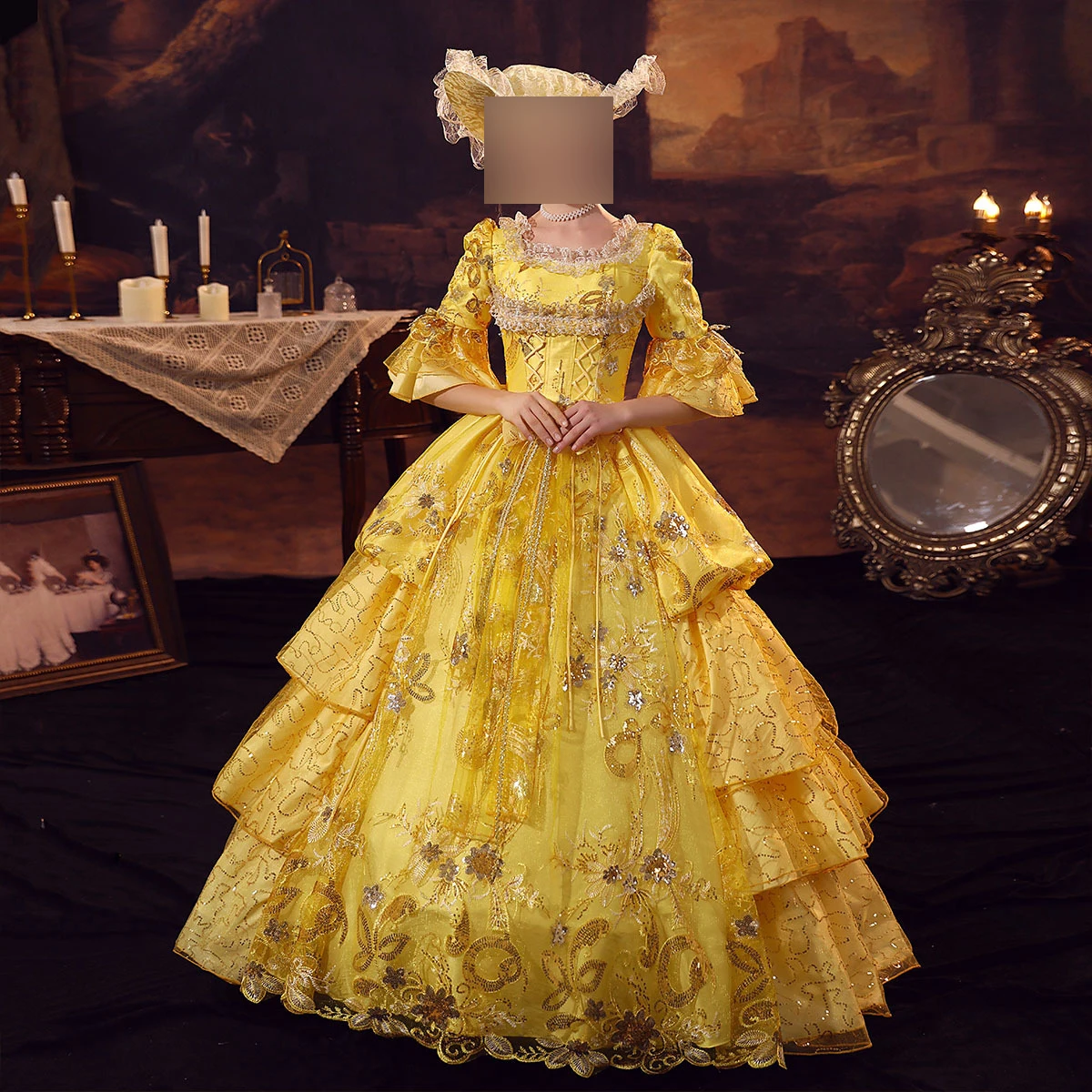 Customized Gorgeous Yellow Floral Yellow Women Vintage 18th Ball Gown Dresses High End Masquerade Theater Costume Birthday Gowns