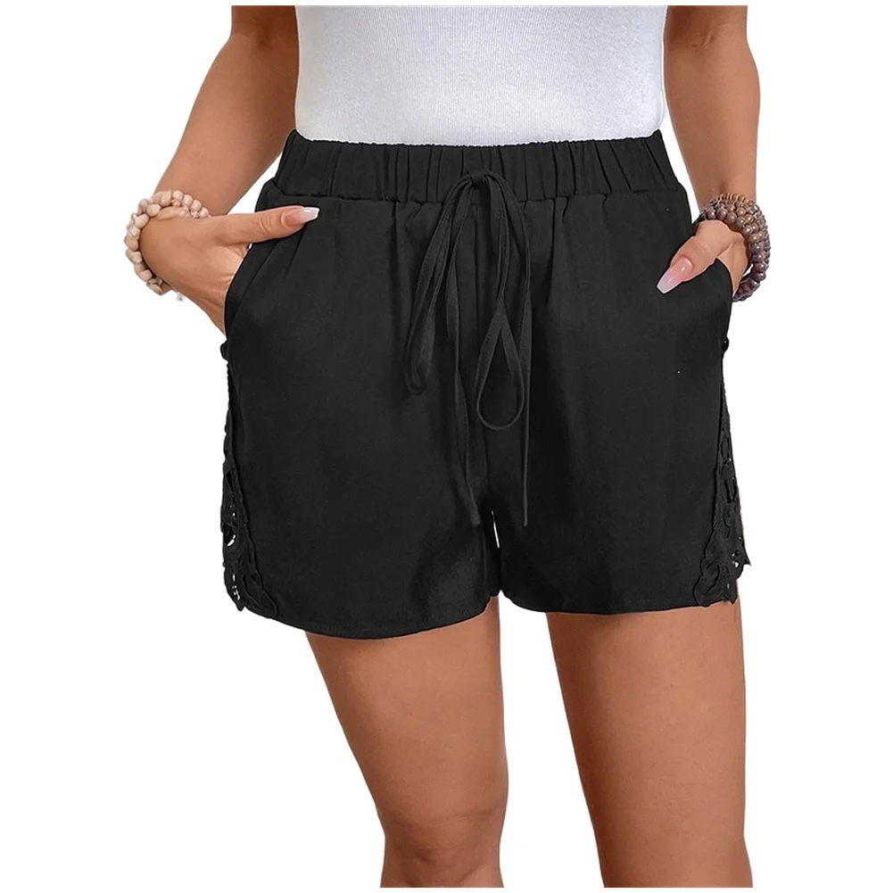 

Womens Solid Color Regular Length Shorts Elastic Waist Drawstring and Delicate Lace Cutout for Vacation Outings