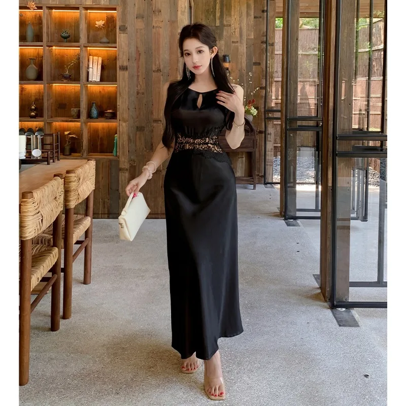 

Винтажное черное атласное платье миди с кружевными вставками и вырезами, с открытыми плечами, А-силуэт, элегантное, для вечерних мероприятий, вечеринок, выпускных, вечернее платье-халтер