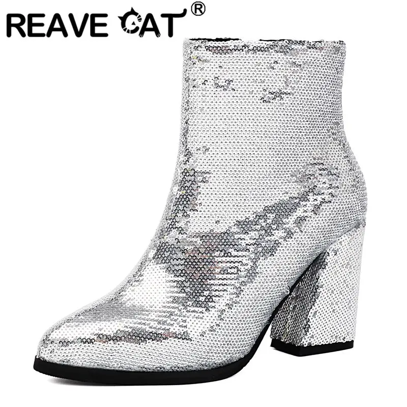 

REAVE CAT Bling Женские ботильоны с острым носком 8,5 см на блочном каблуке с застежкой-молнией Большой размер 42 43 44 Короткие женские ботильоны для свиданий и вечеринок