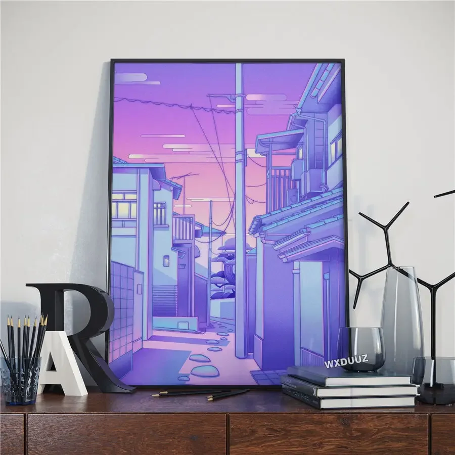 80s Vaporwave Style Poster City Night Street Cat Painting Wall Art Home BedRoom Decoration Kawaii Room Decor Canvas posters HD