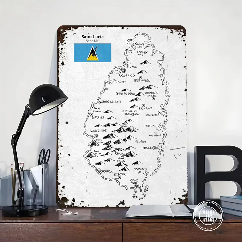 Handdrawn Saint Lucia Map Metal Poster Tin Sign Wall Art Vintage Decor Customizable Metal Signs for Home Decoration Room Items