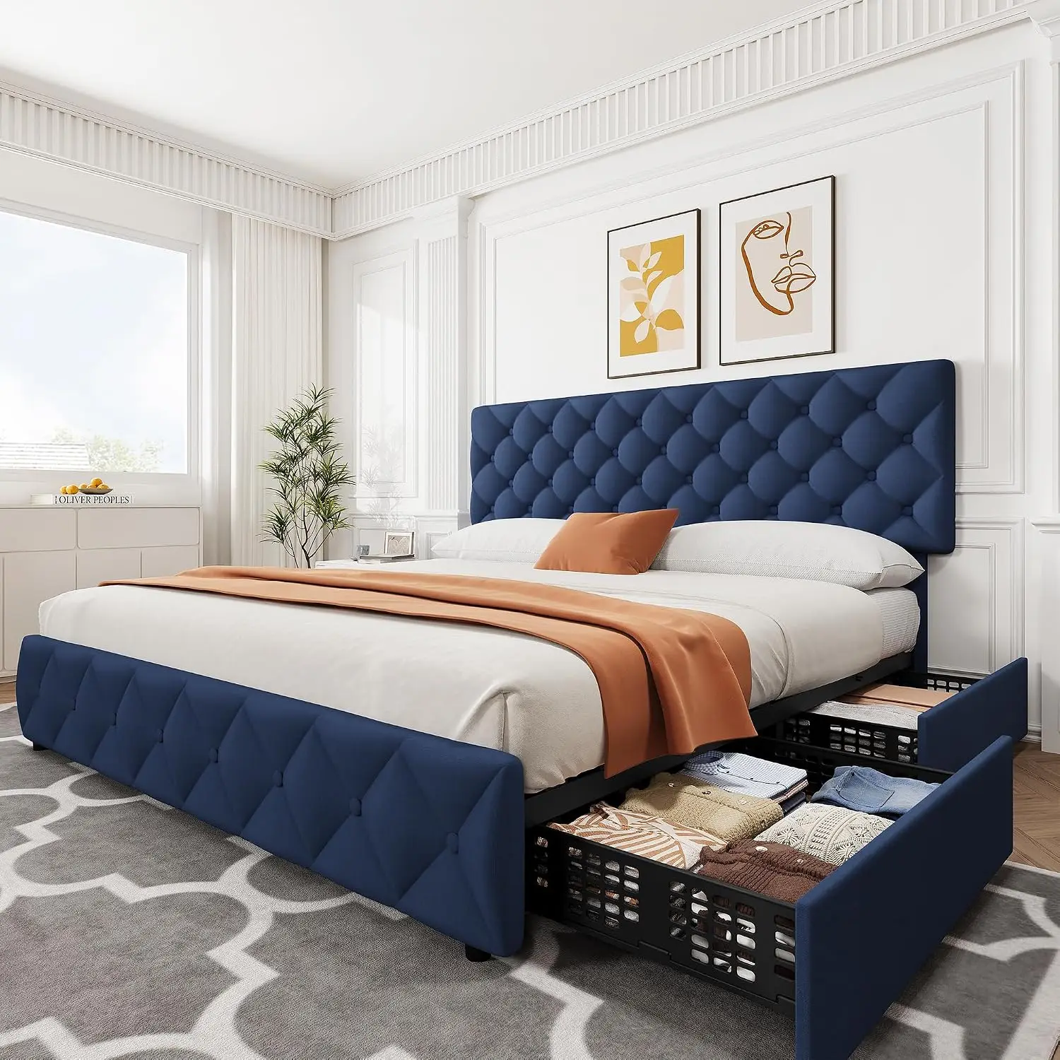 King Upholstered Platform Bed with 4 Storage Drawers, Tufted Headboard & Footboard, Wooden Slats, No Box Spring, Customized