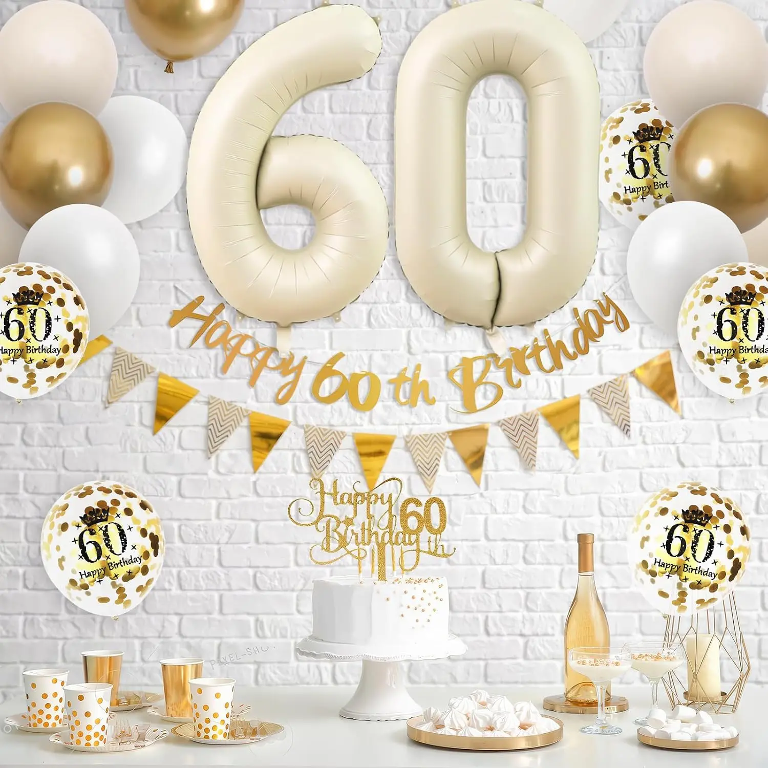 Sand White Gold 60th Birthday Decorations 60th Birthday Balloons Happy 60th Birthday Banner 60 Balloons Cake Toppers Supplies