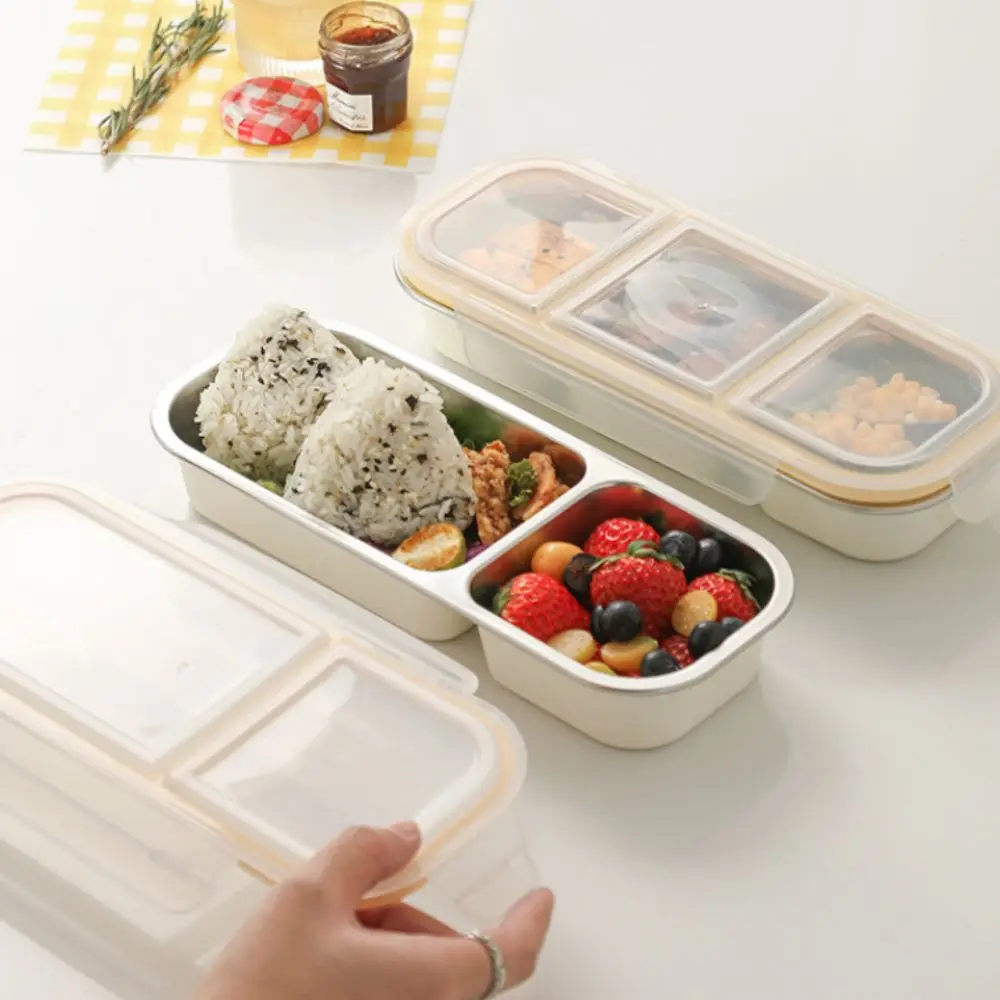 

Portable Stainless Steel Camping Lunch Box 2/3 Grids Microwavable Lunch Container Leak-proof Divided Snack Box Travel