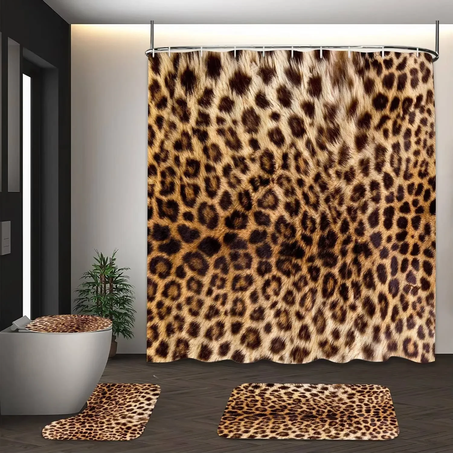 4 Pcs Leopard Print Shower Curtain Set Waterproof Fabric Bath Curtain Animal Non-Slip Bath Mat Toilet Lid Cover Bathroom Decor