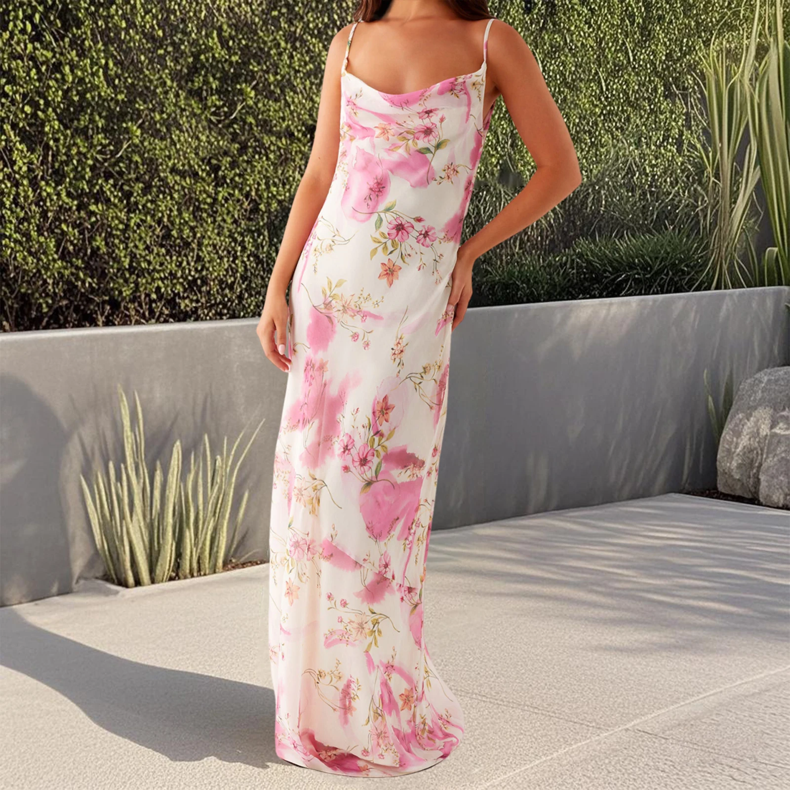 Boho ผู้หญิงฤดูร้อนชุด Cami ยาวแขนกุดเปิดกลับดอกไม้พิมพ์สปาเก็ตตี้ชุดเซ็กซี่ชุดเปลือย Clubwear