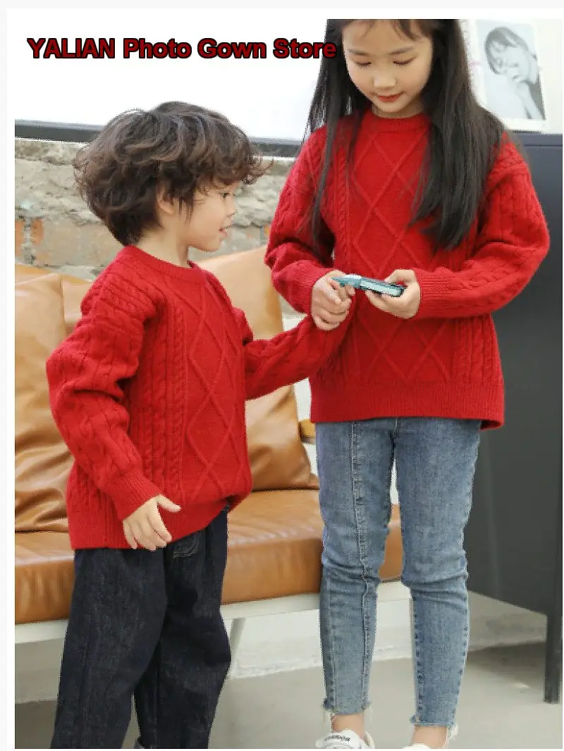 New Year Clothes Sibling Outfit Kids Red Lucky Dress Loose Cable Knit Cotton Pullover