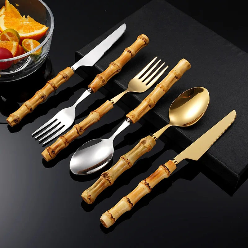 Dinnerware Sets Original Nature Bamboo Handle Stainless Steel Upscale Cutlery Fork Spoon Home Kitchen Tableware Drop Ship