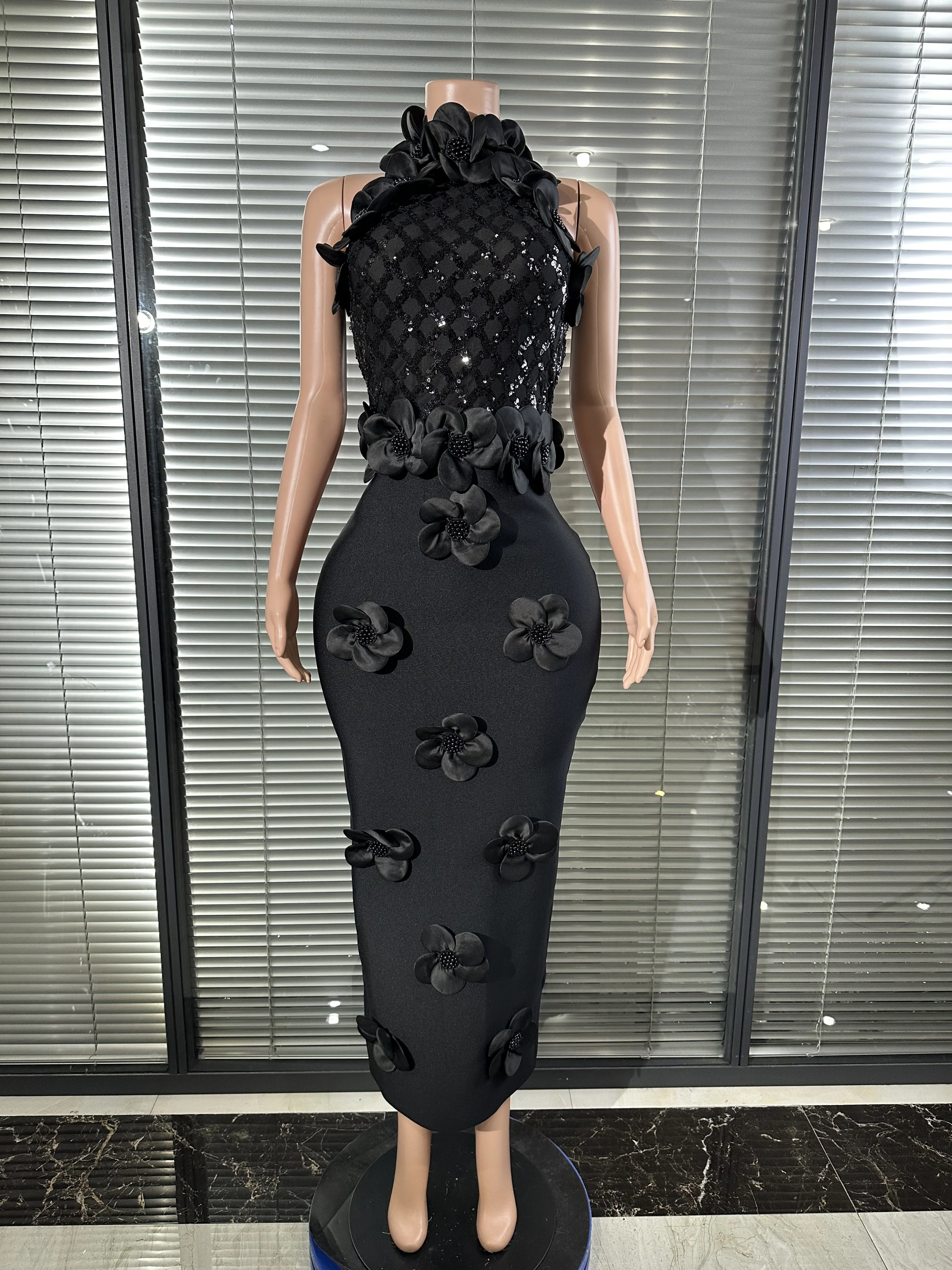 

Luxury Birthday Party Elagent Knitted Clothing Guest Dress Women Sexy Sleeveless Flower Midi Split Bodycon Bandage Dresses