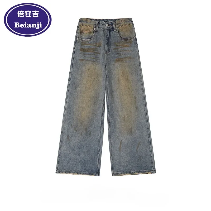 

Beianji jeans men street vintage old straight leg American slouch loose wash wide-foot pants