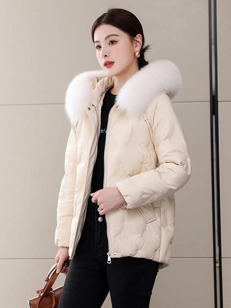 리얼 퍼 칼라 짧은 양가죽 자켓 여성용 겨울 코트 후드 지퍼 클로저 통근용 루즈핏