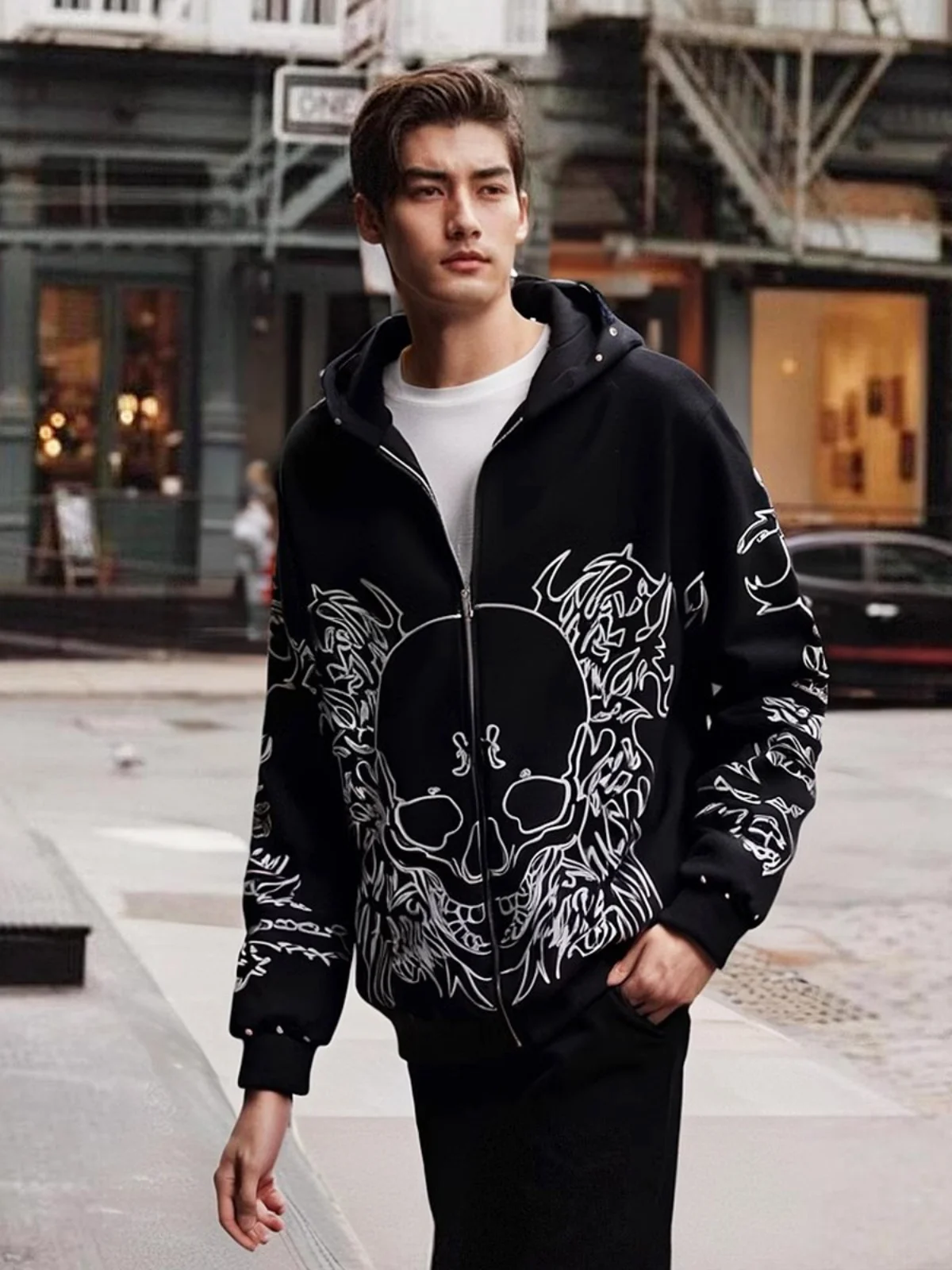 

American Sle Skull Embroidery Zipper Hoodie Cardigan Men's Autumn Winter Casual Sweatirt Jaet Youth Faion Streetwear