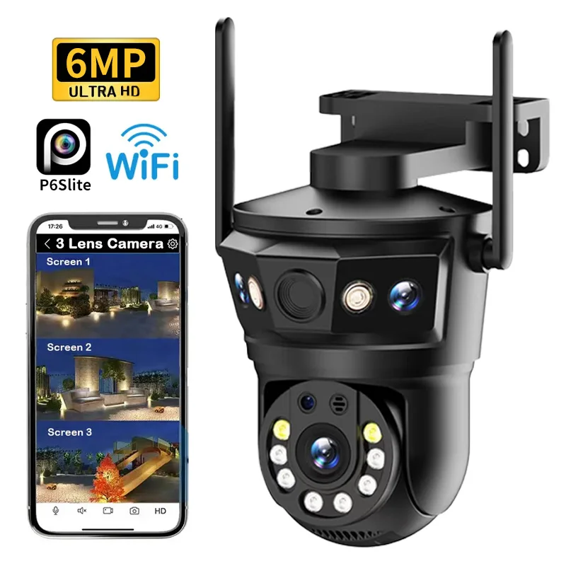 6MP P6slite APP Triple  Lens WIFI IP Camera Full Color AI Humanoid Detection Home Security CCTV Monitor