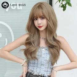 7JHH WIGS Light Brown Wig Synthetic High Density Body Wavy Blonde Wigs with Bangs Fashion Loose Curly Hair Wig Beginner Friendly