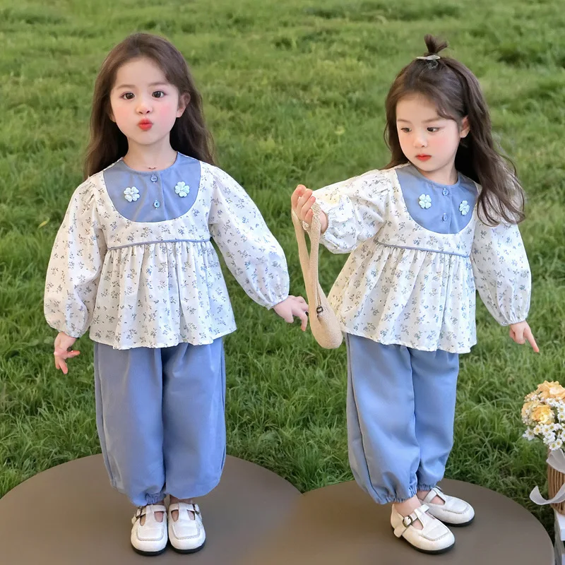 Girls' Suit 2025 Spring New Little Girl Blue Flower Doll Shirt + Casual Pants Two-piece Set  Girls Clothes