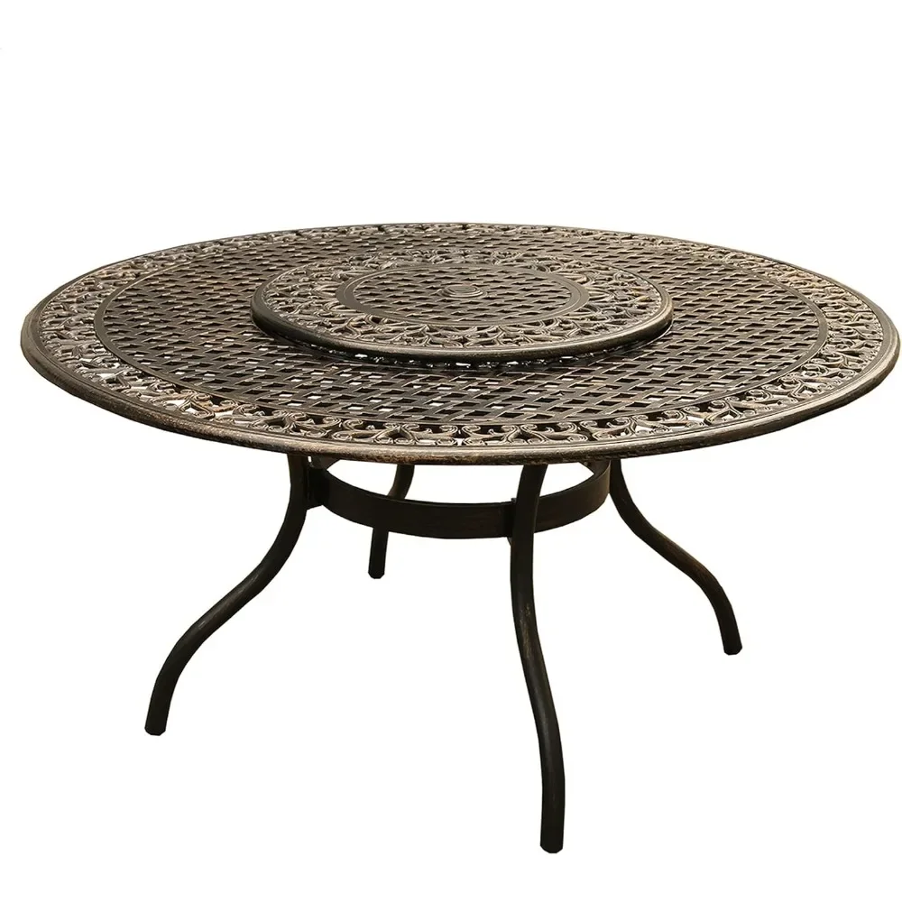 Outdoor Cast Aluminum Metal Round Patio Dining Table, Adjustable, Nylon Glides Allow Easy Movement, Outdoor Tables