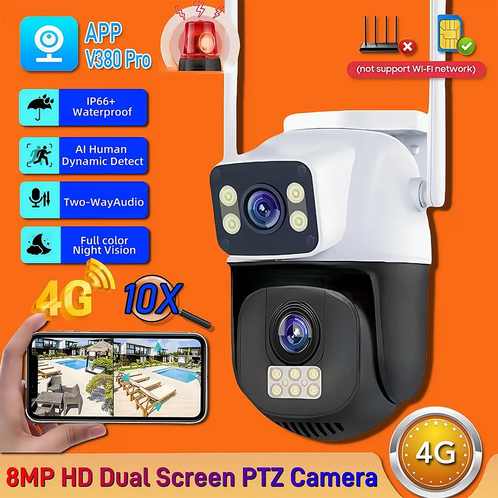 

4G Sim Card Camera 4K 8MP Dual Lens Outdoor PTZ IP Cameras Night Vision Security Protection Wireless CCTV Net Video Surveillence