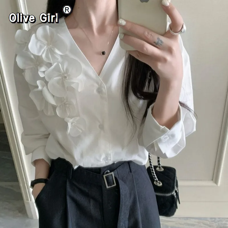 

Olivegirl French Blouse Shirt 3D Flower V-neck Long Sleeved Women's Top Spring Summer Loose High-end Elegant Temperament Top