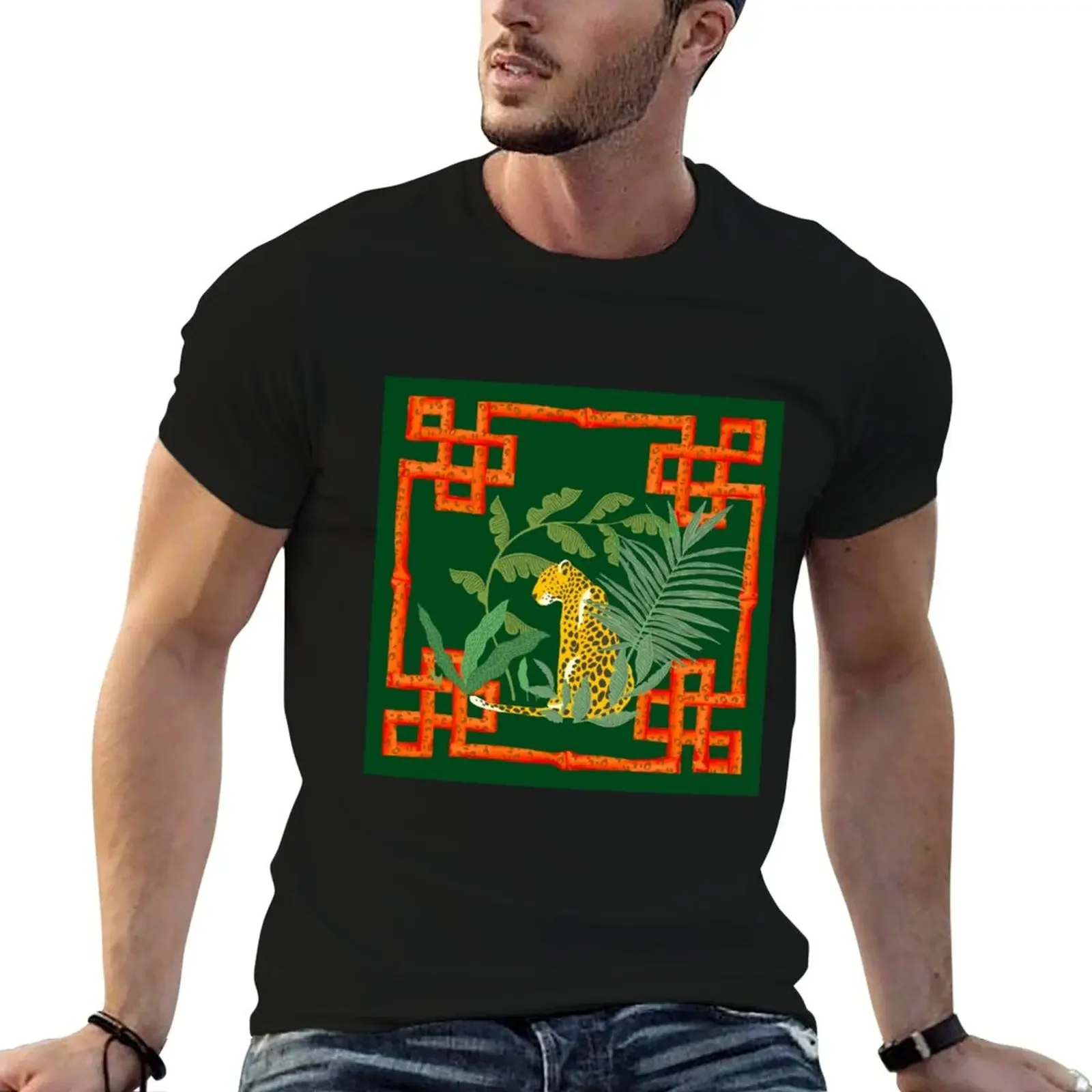 

Chinoiserie Dark green verde tropical leopard cheetah T-Shirt graphic t shirt vintage oversized graphic tee mens clothing