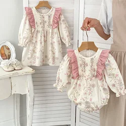 Ins Spring Autumn Baby Girls Rompers Ruffle Floral Printed Long Sleeve Loose Infant Girls Bodysuit Toddler Girls Dress