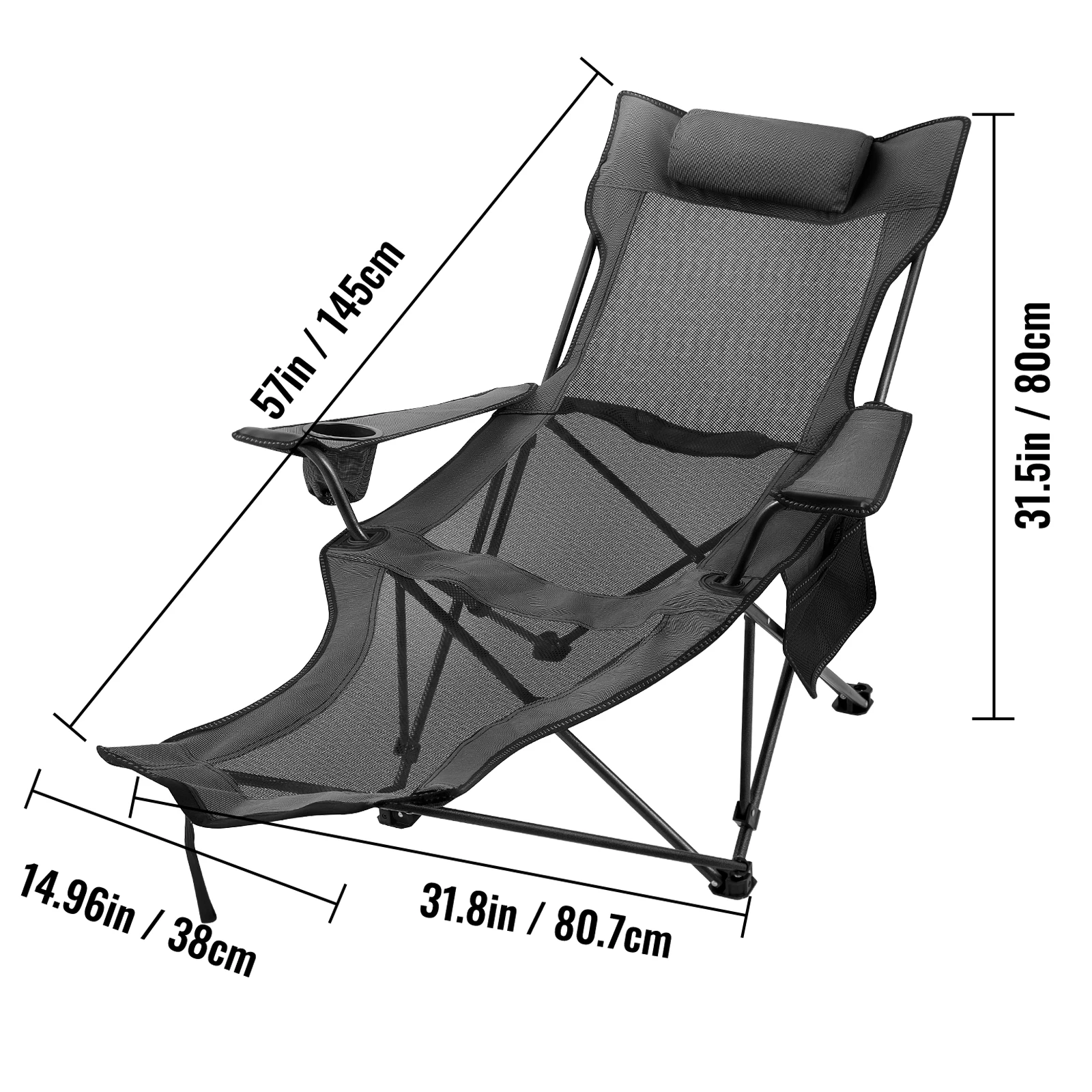 VEVOR Chaise de Camping Pliante Inclinable Pliable, Gris en Tissu et Maille Oxford 600D Camping Chaise Porte-Gobelet, 18 x 18 x 89 cm Fauteuil de Pêche, pour Excursions en Voiture, la Pêche ou Sieste