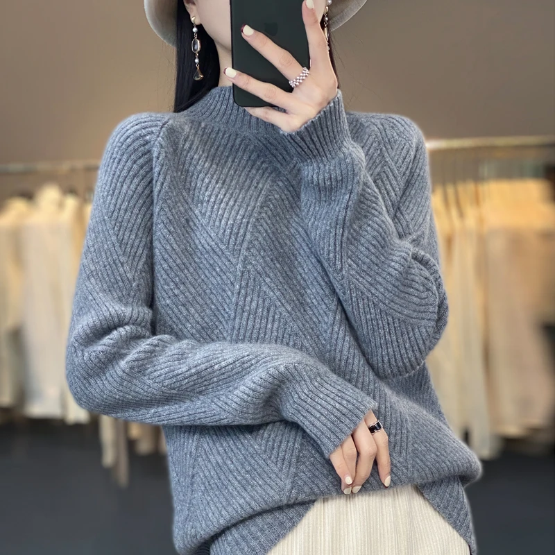 Pure Mountain Cashmere Sweater for Women, Pullover Sweater, Seven-Needle Mat, Semi-High Bottoming Shirt, Autumn and Winter