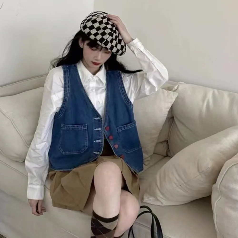 

Fashion Y2K Vintage Denim Vest V Neck Blue Cropped Sleeveless Jacket Loose Outerwears Button-up Waistcoat Girls