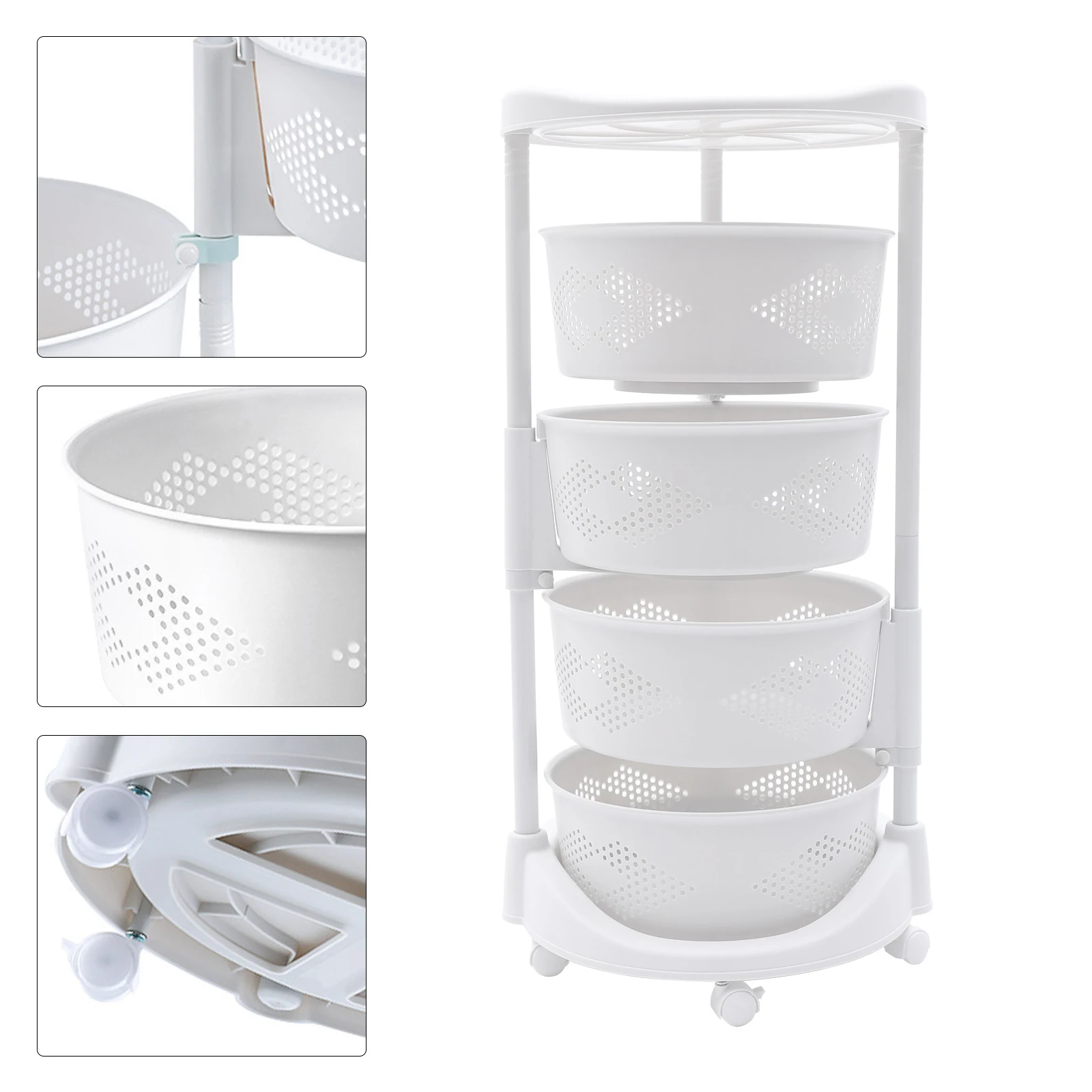 LOYALHEARTDY 50kg Adjustable Height Vegetable Rack Storage Shelves Rotating Basket Bathroom Kitchen White Trolley Cart