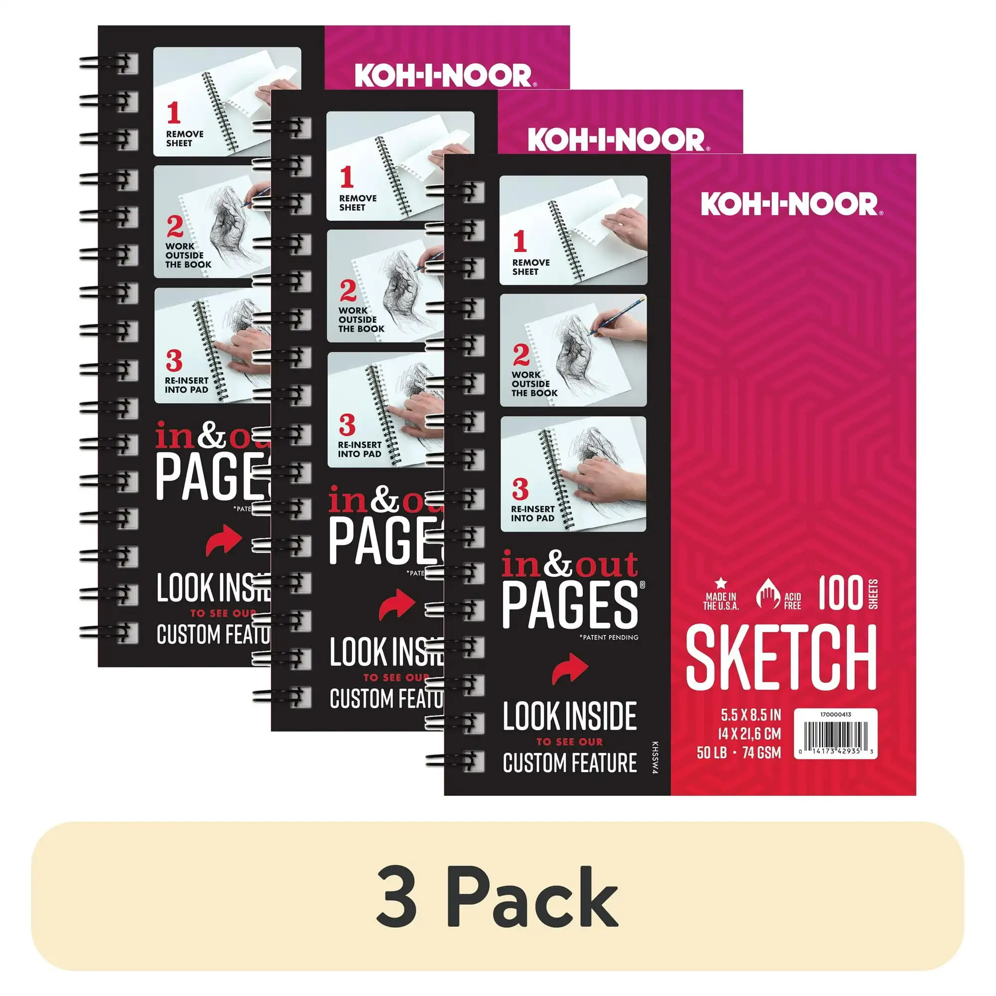 

(3 шт.) Koh I Noor Sketch Pad 5,5 x 8,5 дюйма, 50 фунтов/74 ГБ, 100 листов, боковой провод