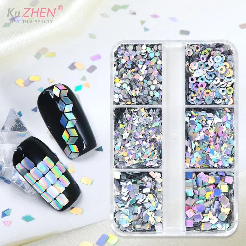 6 그리드 네일 반짝이 네일 강화 레이저 네일 반짝이 플래시 기하학 패턴 네일 장식 네일 참 DIY 매니큐어 도구