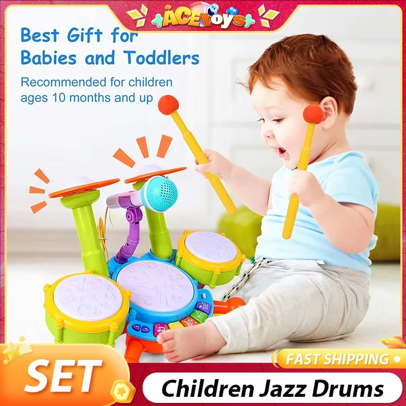 Ensemble de batterie de Jazz pour enfants, créatif avec lumière et musique, instruments éducatifs précoces pour bébés de 1 à 3 ans, jouets pour tout-petits, Microphone pour filles