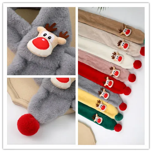 New 2022 lovely imitation rabbit plush children\'s scarf autumn and winter double ball cartoon red nose deer Christmas warm bib