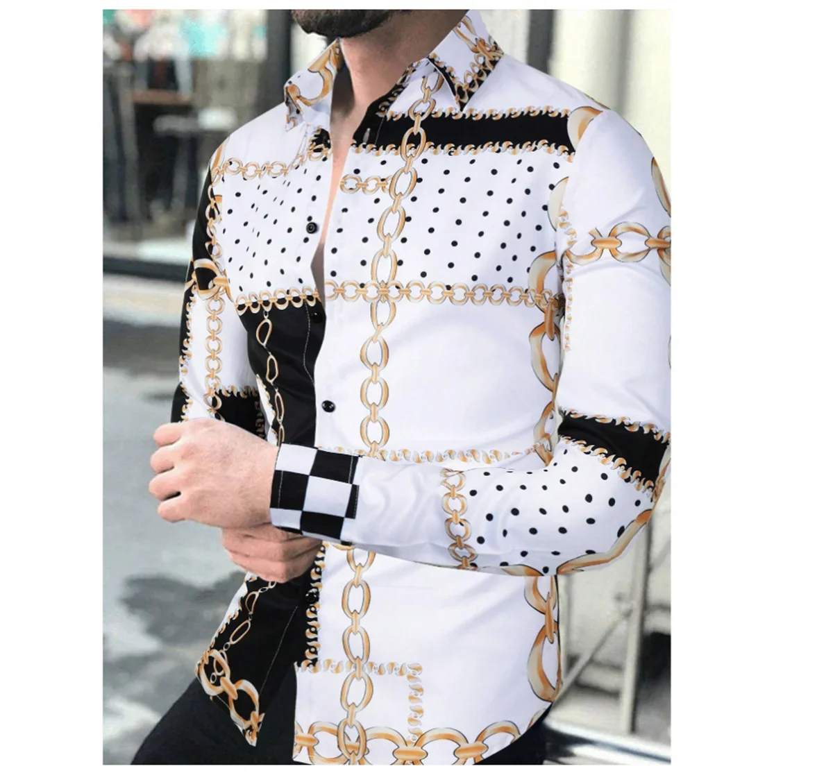 New Men's Shirt Fashion Chain Pattern Printed Collar Button Long Sleeved Shirt Summer Street Casual High-quality Clothing